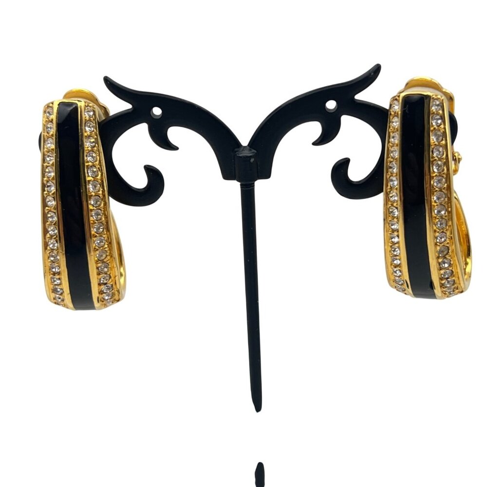 Radiance Gold-Tone Black Enamel Crystal Clip Earrings Bold Designer Style Runway - Picture 2 of 12